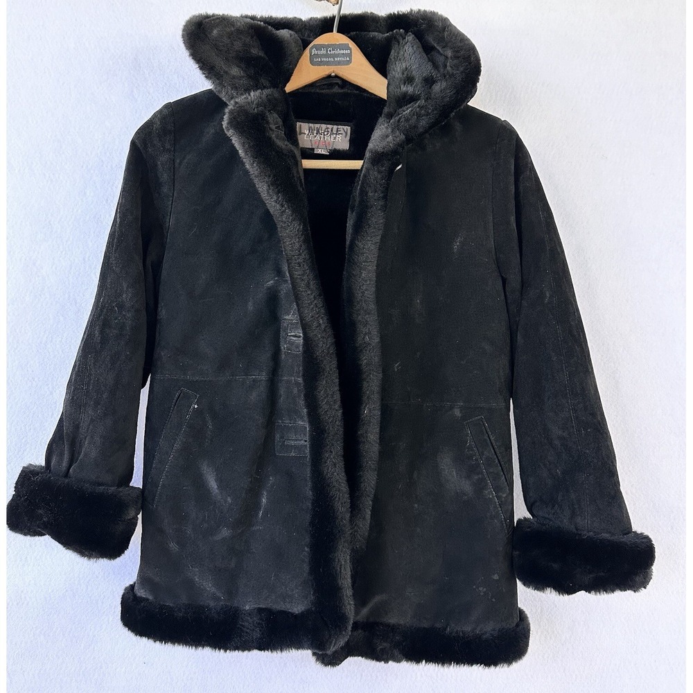 WILSONS Black Suede Coat Girl's Youth XL Faux Fur Lined Hooded